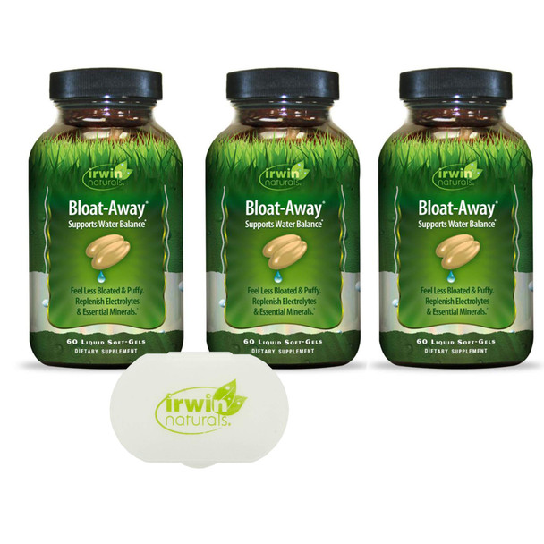 Irwin Naturals Bloat-Away Relief Water Balance Support Replenish Electrolytes & Essential Minerals - 60 (180 Total) Soft-Gels - 3 Pack Bundle with a Lumintrail Pill Case