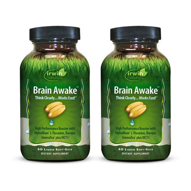 Irwin Naturals Brain Awake Enhanced Mental Performance, Increased Focus, Boost Clarity & Concentration - Powerful Nootropic Booster with L-Theanine, Bacopa, MCT's & InnovaTea - 60 Liquid Softgels (Pac