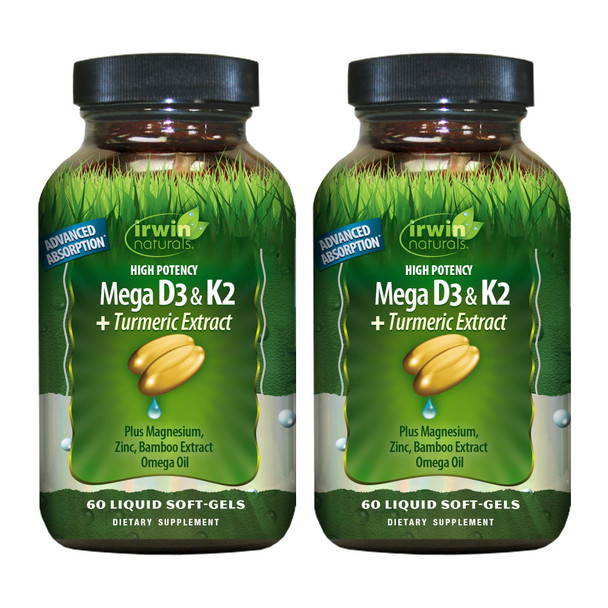 Irwin Naturals High Potency D3 & K2 Complex Support for Healthy Bones, Immune Function & Positive Mood - Advanced Absorption with Magnesium, Turmeric, Bamboo & Omega Oil - 60 Liquid Softgels (2 Pack)