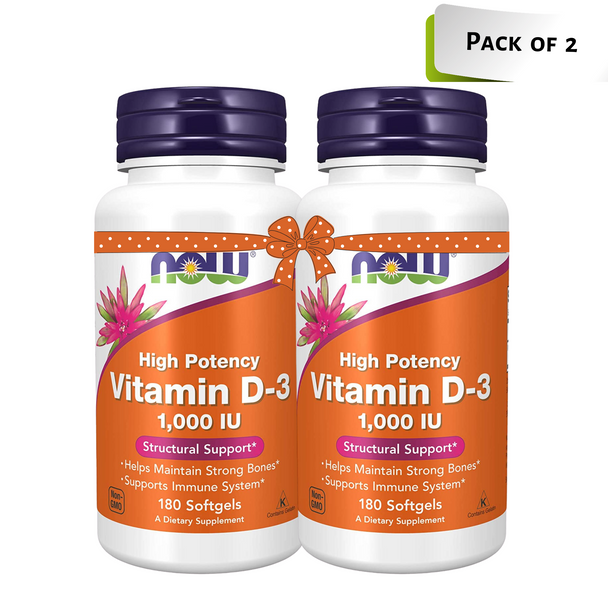 NOW Foods Vitamin D-3 1000 IU, 180 Softgels (Pack 2)