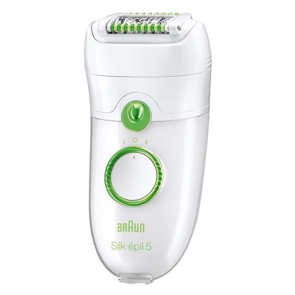 Braun Silk-Epil 5 Power 5780 Epilator Hair Removal with 7 Extras Including Shaver Head and Trimmer Cap White/Green, 2 pin plug