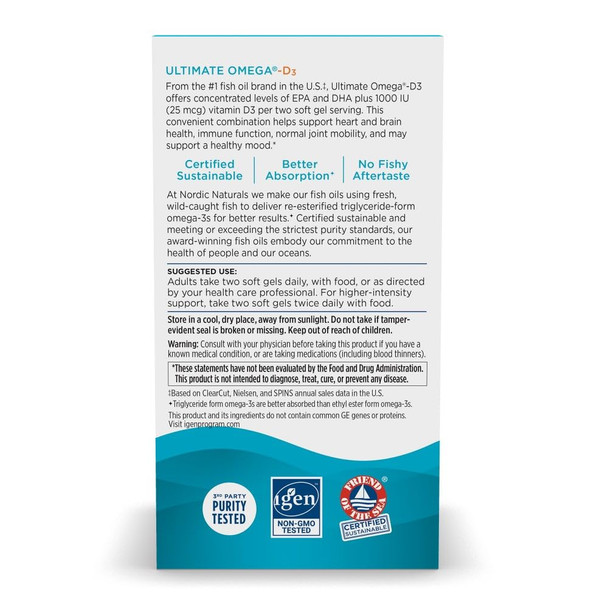Nordic Naturals Ultimate Omega-D3 Lemon Flavor  1280 mg Omega-3 + 1000 IU Vitamin D3-90 Soft Gels Omega-3 Fish Oil - EPA and  DHA - Promotes Brain Heart Joint and  Immune Health 45 Servings