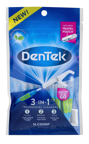 DenTek 3In1 Interdental Cleaners  Floss Brush Pick Travel Pouch  16 Count