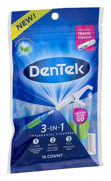 DenTek 3In1 Interdental Cleaners  Floss Brush Pick Travel Pouch  16 Count