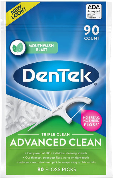 DenTek Extra Strong Triple Clean Floss Picks Mouthwash Blast 90 Count Pack of 3
