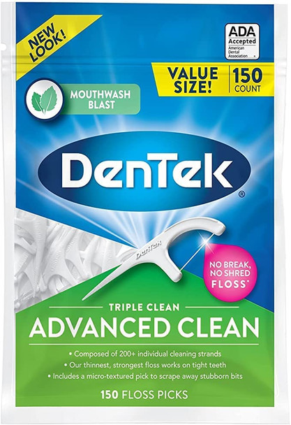 DenTek Triple Clean Advanced Clean Floss Picks  No Break  No Shred Floss  150 Count  Pack of 4