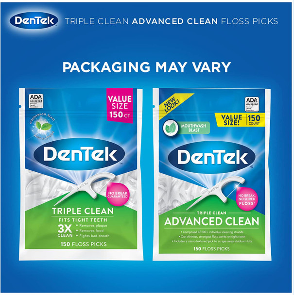 DenTek Triple Clean Advanced Clean Floss Picks  No Break  No Shred Floss  150 Count  Pack of 4