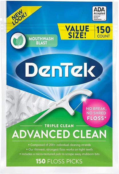 DenTek Triple Clean Advanced Clean Floss Picks  No Break  No Shred Floss  150 Count  Pack of 5