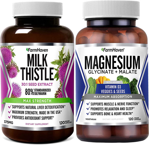 FarmHaven Milk Thistle Capsules 11250mg  Magnesium Glycinate  Malate Complex w/ Vitamin D3