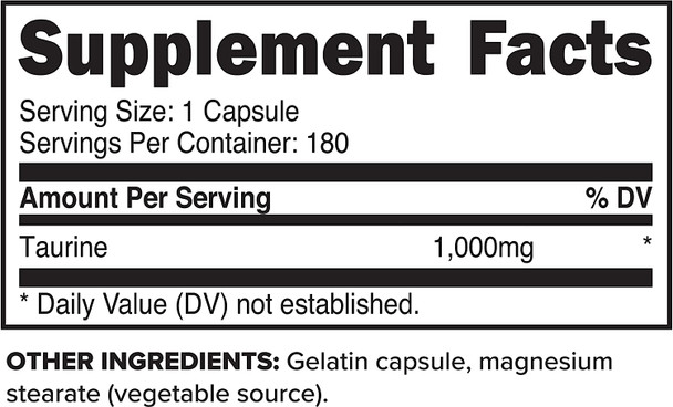 Primaforce Taurine 1000mg Capsules 180 Caps NonGMO  Gluten Free Supplement