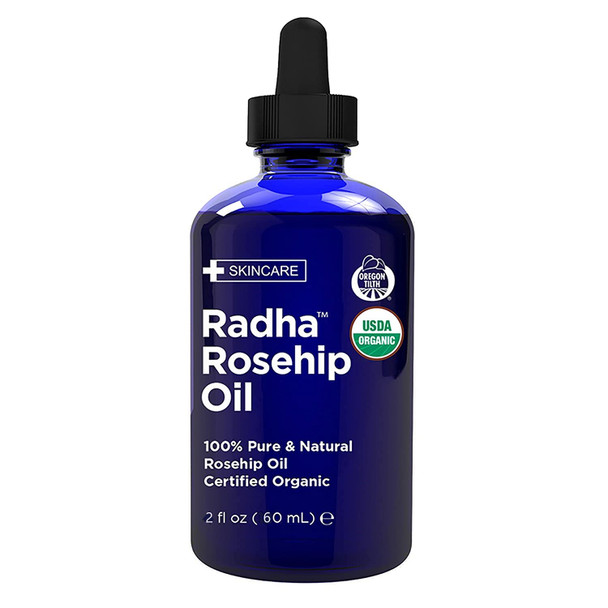 Radha Beauty USDA Certified Organic Rosehip Seed Oil 100 Pure Cold Pressed  Great Carrier Oil for Moisturizing Face Hair Skin  Nails  2 fl oz