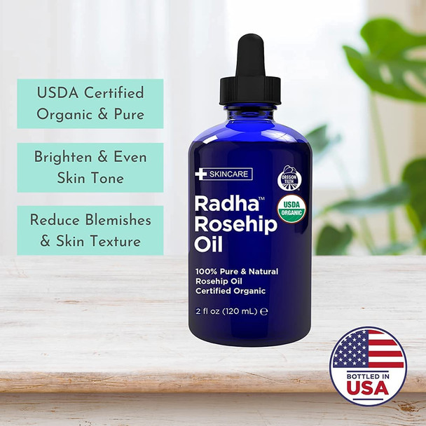 Radha Beauty USDA Certified Organic Rosehip Seed Oil 100 Pure Cold Pressed  Great Carrier Oil for Moisturizing Face Hair Skin  Nails  2 fl oz