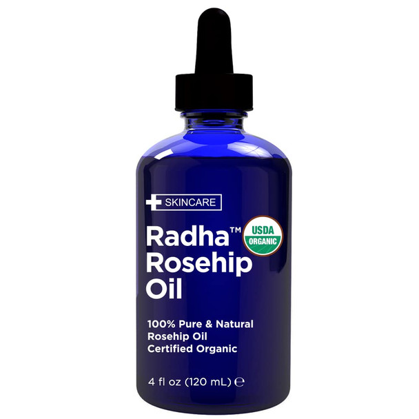 Radha Beauty USDA Certified Organic Rosehip Seed Oil 100 Pure Cold Pressed  Great Carrier Oil for Moisturizing Face Hair Skin  Nails  4 fl oz