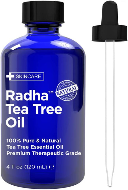 Radha Beauty Australian Tea Tree Essential Oil 4 oz.  100 Percent Pure  Natural Therapeutic Grade  Great with Soaps Shampoo Body Wash Aromatherapy for Nail Care Scalp Aromatherapy and Diffuser.
