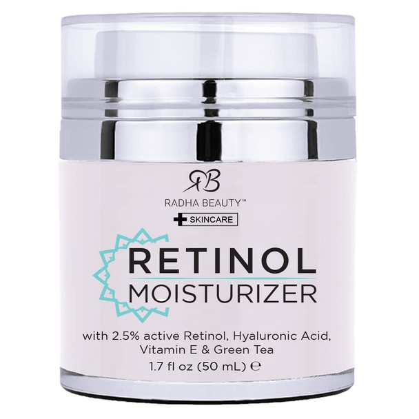 Radha Beauty Moisturizing Miracle Retinol Cream for Face  with 2.5 Retinol Hyaluronic Acid Vitamin E and Green Tea. Best Night and Day AntiAging Wrinkle Cream 1.7 fl oz.