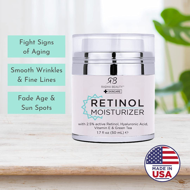 Radha Beauty Moisturizing Miracle Retinol Cream for Face  with 2.5 Retinol Hyaluronic Acid Vitamin E and Green Tea. Best Night and Day AntiAging Wrinkle Cream 1.7 fl oz.