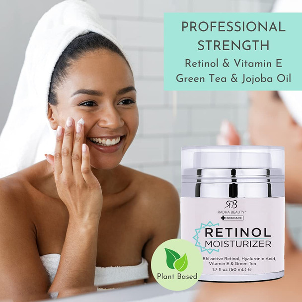 Radha Beauty Moisturizing Miracle Retinol Cream for Face  with 2.5 Retinol Hyaluronic Acid Vitamin E and Green Tea. Best Night and Day AntiAging Wrinkle Cream 1.7 fl oz.