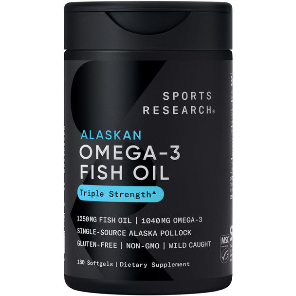 Sports Research Triple Strength Omega 3 Fish Oil  Burpless Fish Oil Supplement w/EPA  DHA Fatty Acids from Wild Alaskan Pollock  Heart Brain  Immune Support for Men  Women  1250 mg 180 ct