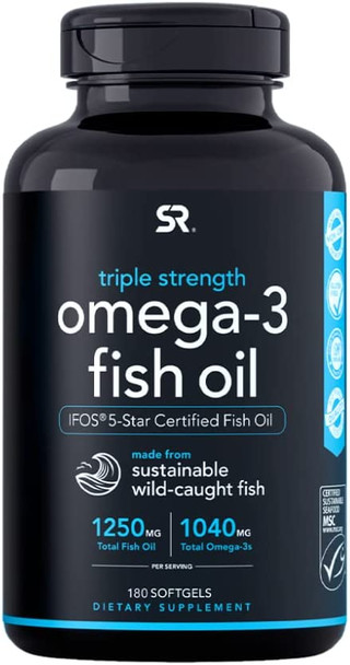 Sports Research Triple Strength Omega 3 Fish Oil  Burpless Fish Oil Supplement w/EPA  DHA Fatty Acids from Wild Alaskan Pollock  Heart Brain  Immune Support for Men  Women  1250 mg 180 ct