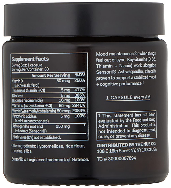 The Nue Co.  Mood  Natural Daily Supplement With Apaptogens And Vitamins  Ashwagandha Ksm66 Vitamin D  B Vitamins  Vegan Glutenfree Nongmo  30 Capsules