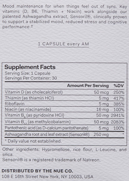 The Nue Co.  Mood  Natural Daily Supplement With Apaptogens And Vitamins  Ashwagandha Ksm66 Vitamin D  B Vitamins  Vegan Glutenfree Nongmo  30 Capsules