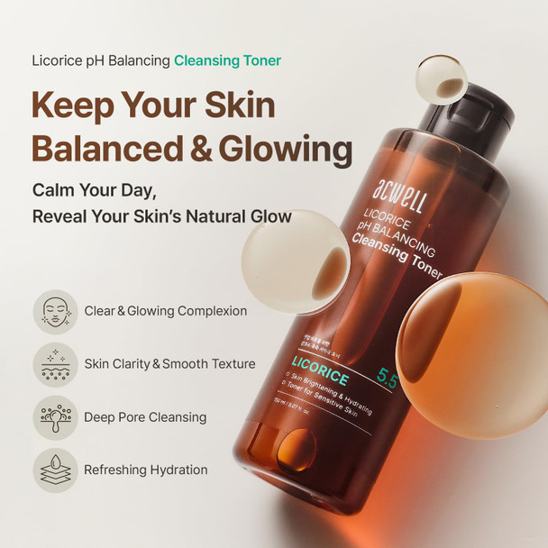ACWELL Licorice pH Balancing Cleansing Toner 5.1 fl.oz.  PH5.5 Hydrating Makeup Cleansing Astringent  Skin Clearing Reduce Pigmentation Acne and Dark Spots