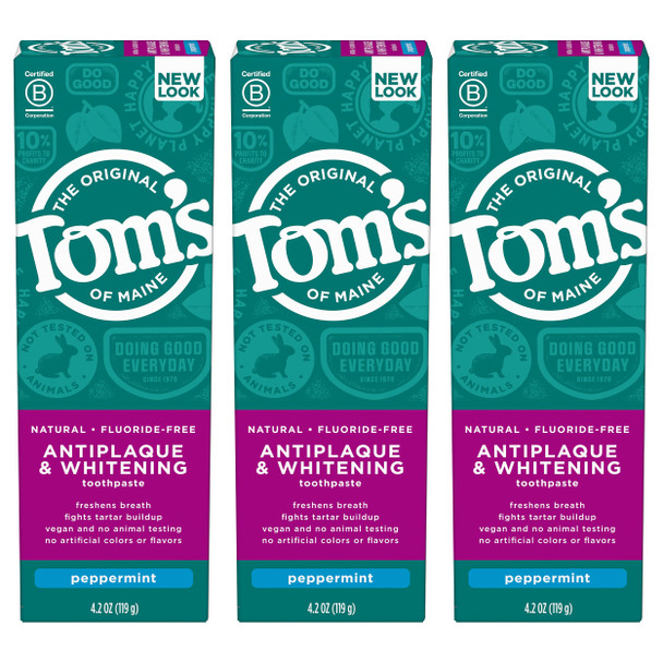 Toms of Maine FluorideFree Antiplaque  Whitening Natural Toothpaste Peppermint 4.2 oz. 3Pack
