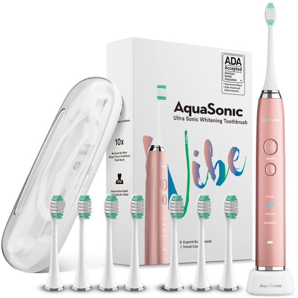 AquaSonic Vibe Series Ultra Whitening Toothbrush ADA Accepted Electric Toothbrush  8 Brush Heads  Travel Case  Ultra Sonic Motor  Wireless Charging  4 Modes w Smart Timer Satin Rose Gold