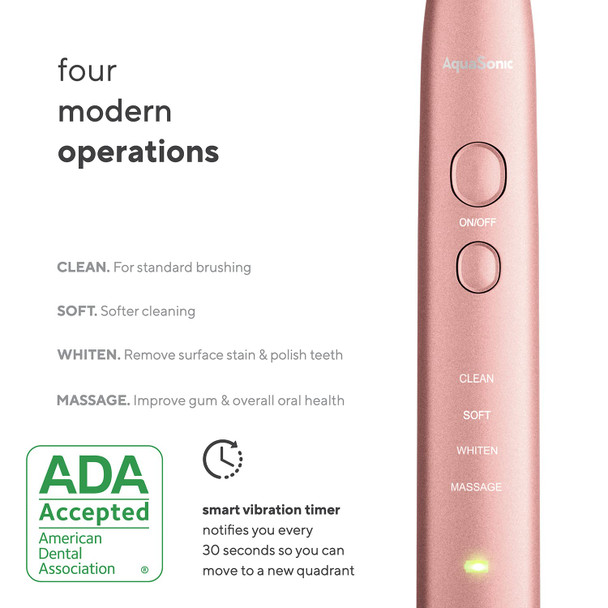 AquaSonic Vibe Series Ultra Whitening Toothbrush ADA Accepted Electric Toothbrush  8 Brush Heads  Travel Case  Ultra Sonic Motor  Wireless Charging  4 Modes w Smart Timer Satin Rose Gold