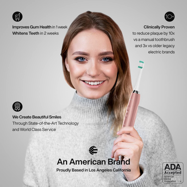 AquaSonic Vibe Series Ultra Whitening Toothbrush ADA Accepted Electric Toothbrush  8 Brush Heads  Travel Case  Ultra Sonic Motor  Wireless Charging  4 Modes w Smart Timer Satin Rose Gold