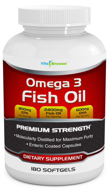 Omega 3 Fish Oil Supplement 180 Softgels  2400mg Triple Strength Fish Oil with 800mg EPA  600mg DHA Omega3 Fatty Acids Per Serving  with Enteric Coating  Molecularly Distilled Fish Oil