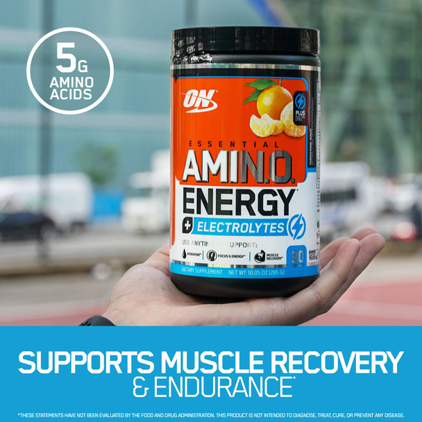 Optimum Nutrition Amino Energy Plus Electrolytes Energy Drink Powder Caffeine for PreWorkout Energy Amino Acids / BCAAs for PostWorkout Recovery Tangerine Wave 30 Servings