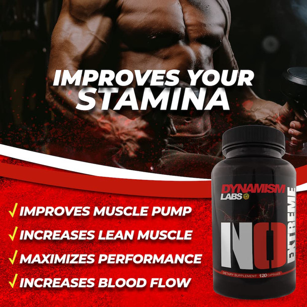 Dynamism Labs NO Extreme PreWorkout  Nitric Oxide Performance Supplement with AKG OKG Vitamin B6 Vitamin B12 Green Tea Extract  Build Muscle  Increase Stamina  Made in USA 120 Capsules