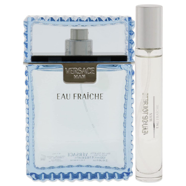 Versace Eau Fraiche for Men 3 Piece Set 3.4 Oz Eau De Toilette Spray  10ml Travel Spray  Versace Blue Trousse Versace Eau Fraiche for Men 3 Piece Set 3.4 Oz Eau De Toilette Spray  10ml Travel Spray  Versace Blue Trousse