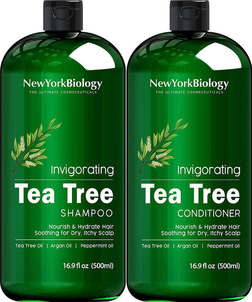 New York Biology Biotin Shampoo and Conditioner Set for Hair Growth with Tea Tree Shampoo and Conditioner Set  Thickening Formula for Hair Loss Treatment  Relief for Dandruff  16 fl. Oz