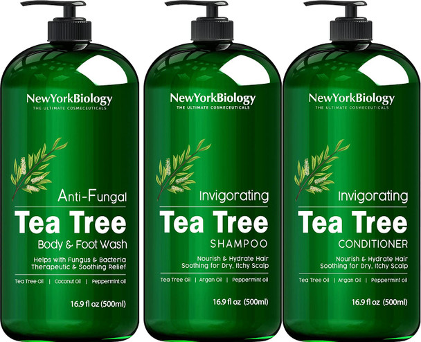 New York Biology Tea Tree Body Wash with Tea Tree Shampoo and Conditioner Set  Helps Itchy Skin Conditions  Body Odor  Deep Cleanser  Relief for Dandruff and Itchy Scalp  16.9 fl. Oz