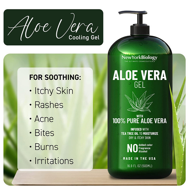 New York Biology Aloe Vera Gel for Face Skin and Hair  Infused with Tea Tree Oil  From Fresh Aloe Vera Plant  Moisturizing Aloe Vera for Sunburn Relief and Dry Skin  16 oz