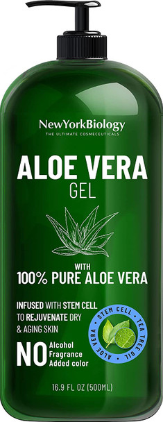 New York Biology Aloe Vera Gel for Face Skin and Hair  Infused with Stem Cell  From Fresh Aloe Vera Plant  Moisturizing Aloe Vera for Sunburn Relief and Dry Skin  16 oz