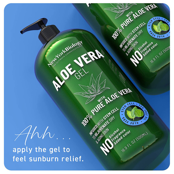New York Biology Aloe Vera Gel for Face Skin and Hair  Infused with Stem Cell  From Fresh Aloe Vera Plant  Moisturizing Aloe Vera for Sunburn Relief and Dry Skin  16 oz  Pack of 2