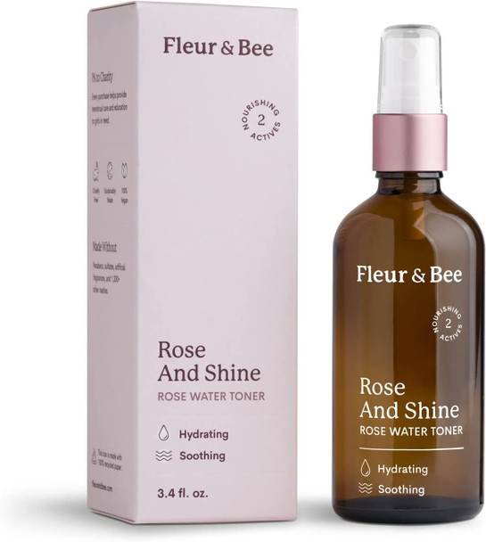 Rosewater Toner  100 Vegan  Cruelty Free  Hydrating Rose Water Spray Mist  Alcohol Free  Refreshing Facial Toner for All Skin Types  Rose and Shine by Fleur  Bee  3.4 fl oz