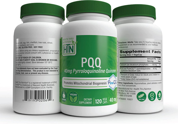 PQQ 40mg Pyrroloquinoline Quinone as PureQQ  Promotes Mitochondrial Biogenesis  Vegan NonGMO Gluten Free  by Health Thru Nutrition Pack of 120