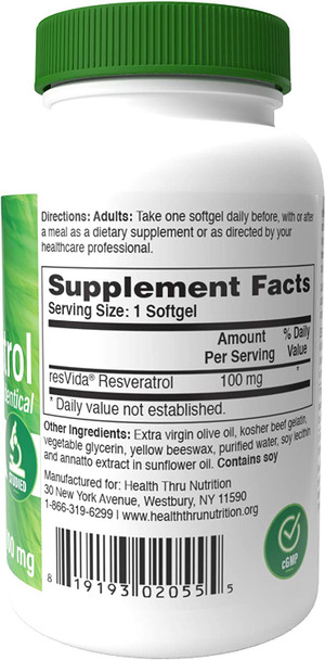 Health Thru Nutrition Resvida Resveratrol Softgels 100mg Pack of 60