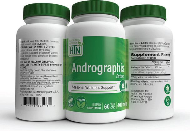 Andrographis Extract 400mg 10 Andrographolides  Healthy Immune Function  Vegan NonGMO SoyFree GlutenFree  by Health Thru Nutrition Pack of 60