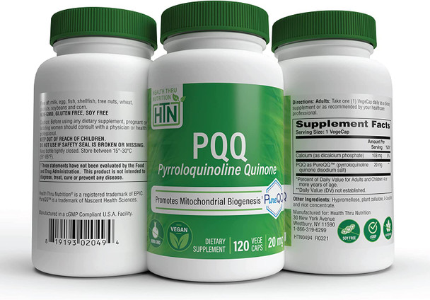 Pqq 20Mg Pyrroloquinoline Quinone As Pureqq  Promotes Motochondrial Biogenesis  Vegan Certified Nongmo Gluten Free  By Health Thru Nutrition Pack Of 120