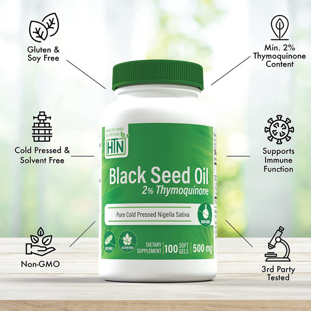 Black Seed Oil 500mg softgels  High Potency 2 Thymoquinone  3rd Party Tested  Pure Cold Pressed  Organically Gown  NonGMO Gluten Free Soy Free  by Health Thru Nutrition Pack of 100