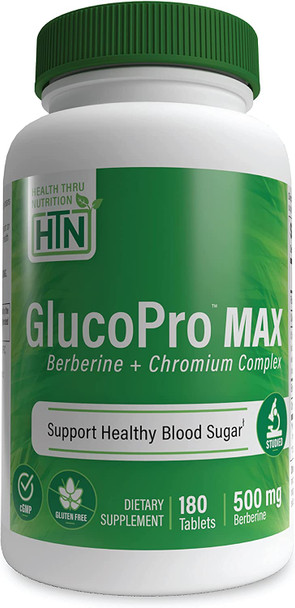 GlucoPro Max with Berberine Chromium and Cinnamon  Healthy Glucose Support  Vegan NonGMO and Gluten Free  by Health Thru Nutrition Pack of 180