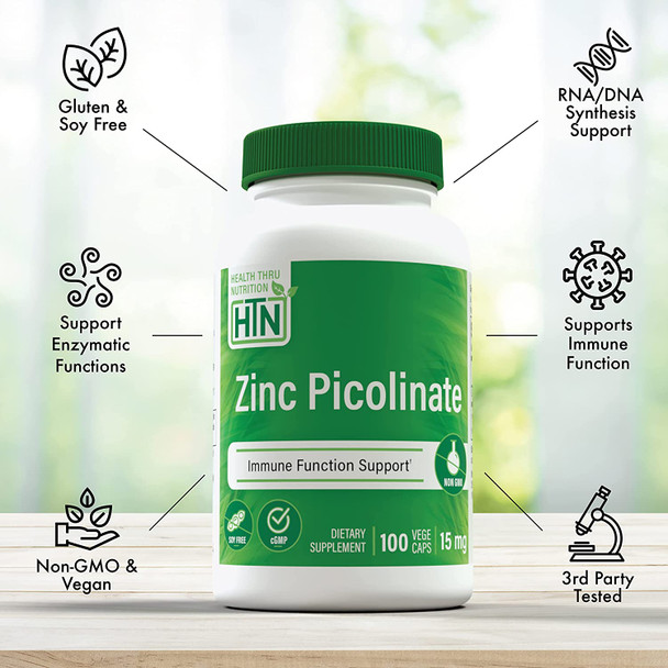 Health Thru Nutrition Zinc Picolinate 75mg  15mg Elemental Zinc  Immune Support  Vegan  NonGMO  Clean Label  Vegecaps Pack of 100