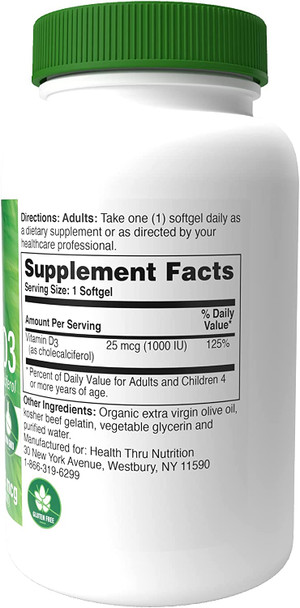 Health Thru Nutrition Vitamin D3 Softgels 1000iu Pack of 360