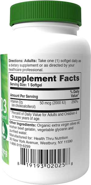 Health Thru Nutrition Vitamin D3 Softgels 2000iu Pack of 365