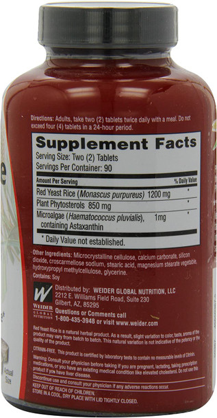 Weider Red Yeast Rice Plus with Phytosterols 1200 mg per 2 Tablets  180 Tablets